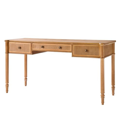 HULALA HOME 60 Inches Fluted Writing Desk with Charging Station, Teak - color: Teak