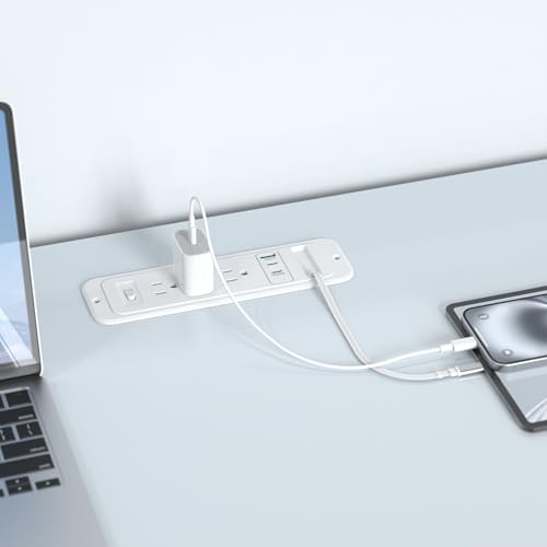Recessed Power Strip with Retractable USB C Cable,2 PD 20W USB C,Flush Mount Countertop Drawer Outlet, Furniture Hidden Outlet for Side Table,End Table,3 Outlets (White, 6FT-20W USB) - color: White, size: 6FT-20W USB