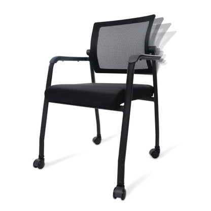 KLASIKA Waiting Room Office Reception Stackable Chairs with Wheels Ergonomic Mesh Back Home Desk Chair with Thick Cushion and Arm for Guest Conference Meeting Lobby Church Medical (1 PK) - color: Black, size: 1 PK