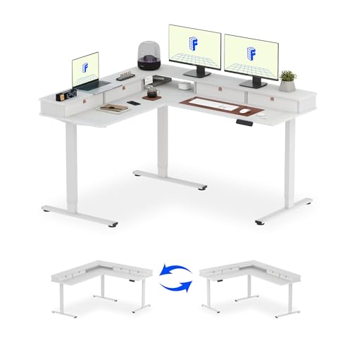 FLEXISPOT Reversible L-Shaped Corner Standing Desk with Monitor Shelf | 63x55", White, 4 Storage Drawers, Height Adjustable, Anti-Collision, Memory Presets, Sit Stand Desk for Home Office & Gaming - size: 63x55"丨White