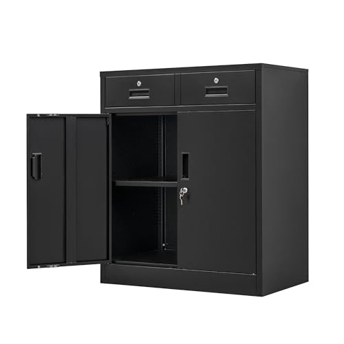 Wanfu Metal Storage Cabinet, 36" H Locking Storage Cabinet with 2 Drawers and Adjustable Shelf, Metal Cabinets for Office, Garage, Home-Black - color: Black, size: 36" H x 32" W x 16" D