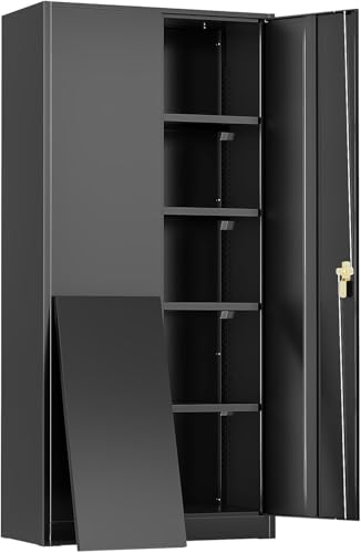 SUNCROWN Metal Storage Cabinets with Lock, Tool Cabinet, 72" Locking Steel Storage, Tall Locker Organizer Garage Cabinets with 2 Doors and 4 Shelves for Home,Garage,Office,School, Garage, Black - color: Black, size: 72"H x 36"W x 18"D