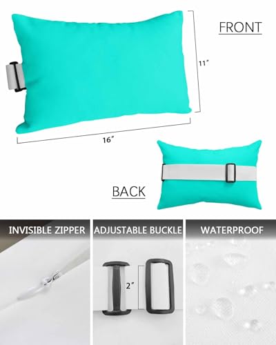 Outdoor Pillow for Lounge Chair with Strap & Insert Teal Green Pattern Recliner Head Pillow Pure Colour Waterproof Headrest Patio Lumbar Pillows for Beach Pool Office Chaise Chair 11x16 Inch - color: Turquoise, size: 1 Pack - 11"x16"