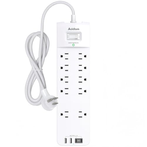 Addtam Power Strips with Surge Protection, 6FT Extension Cord with Multiple Outlets, Surge Protector Power Strip with 10 Outlets and 4 USB Ports(2 USB C), Flat Plug, 2700J, White - color: White, size: 6 Ft