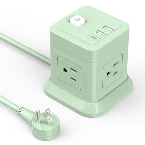 FDTEK Cube Power Strip USB C, 4 Outlets 3 USB 5 FT Extension Cord Green | Flat Plug Design Widely Spaced Outlets with USB C Space Saving Design for Dorm Desk Travel & Bedroom ETL Listed - color: Green, size: 5FT