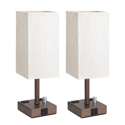 Brown Bedside Table Lamps Set of 2 - Dimmable, USB C+A, 2 AC Outlets | Stepless Dimmable by Rotary Knob, 3000K LED Bulbs Included, Square Cream Linen Shade, Nightstand Lamp for Living Room, Desk - color: Brown