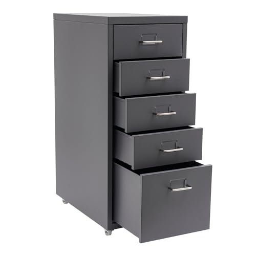 Metal Filing Cabinet with Wheels, 5 Drawers Mobile Storage Cabinet Small Printer Stand Vertical Organizer for Home Office - color: Grey