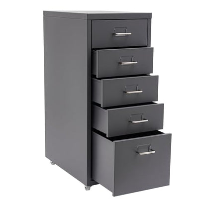 Metal Filing Cabinet with Wheels, 5 Drawers Mobile Storage Cabinet Small Printer Stand Vertical Organizer for Home Office - color: Grey