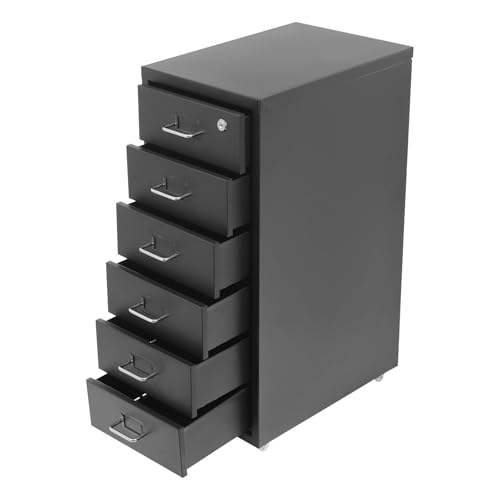 Vertical File Cabinet, 6 Drawer Black Metal File Cabinet with Lock for Office Under Desk Storage – Filing Cabinet on Wheels, Removable Multi Drawer Cabinet for Home Dresser, Black