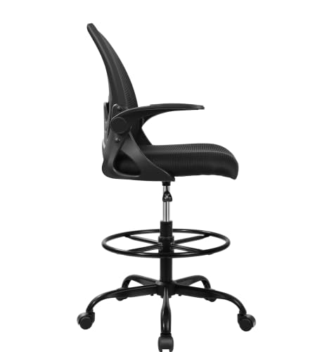 Drafting Chair Tall Office Chair with Flip-up Armrests Executive Ergonomic Computer Standing Desk Chair with Lumbar Support and Adjustable Footrest Ring (Black) - color: Black, size: 934-Z