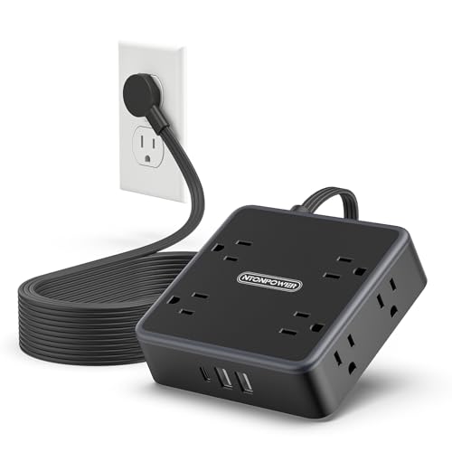 NTONPOWER Flat Extension Cord 25 FT in Black with 8 Widely Outlets 3 USB Ports (1 USB C), Long Power Strip, Wall Mountable, Flat Plug Desk Charging Station Dorm Room Essentials - color: Black, size: 25FT