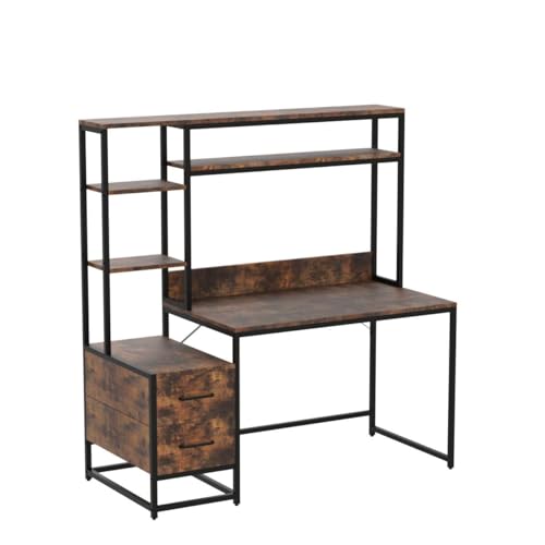 Tribesigns 55 Inch Computer Desk with 2 Drawers and Storage Shelves, Rustic Office Desk with Hutch, Study Writing Gaming Table Laptop Workstation for Home Office (Brown) - color: Brown
