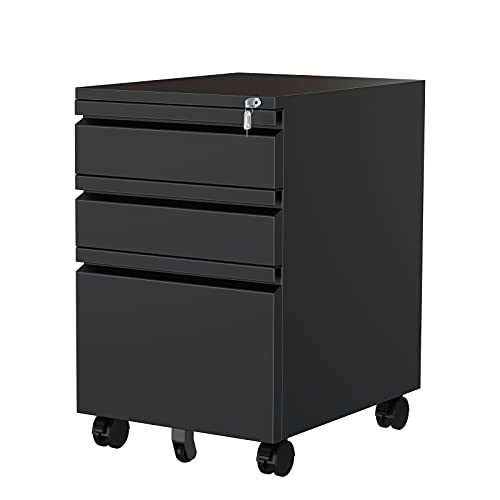 MIIIKO 3 Drawer File Cabinet, Metal Filing Cabinet with Lock Rolling Wheels, Office Storage Under Desk,Deep Drawers for Hanging Legal Letter Fill, Full Assembled Except Casters - color: Black, size: 3 Drawer-14.57"W -Mobile-b