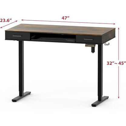 SHW 48-Inch Electric Height Adjustable Desk w/Keyboard Tray, Rustic Brown | w/ 2 Drawers | Memory Presets and Cable Management | Hanging Hooks - color: Rustic Brown