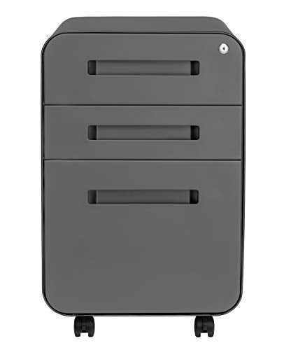 Laura Davidson Furniture Stockpile 3 Drawer File Cabinet with Lock - Under Office Desk Metal Filing Cabinet, Legal/Letter File Folders, Wheels and Stationary Feet, Pre-Assembled, Dark Grey - color: Dark Grey