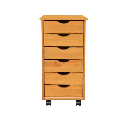 Jela-USA Solid Pine Wood 6 Drawer Rolling Cart, Honey Pine - color: Medium Wood, style: 6 Drawer