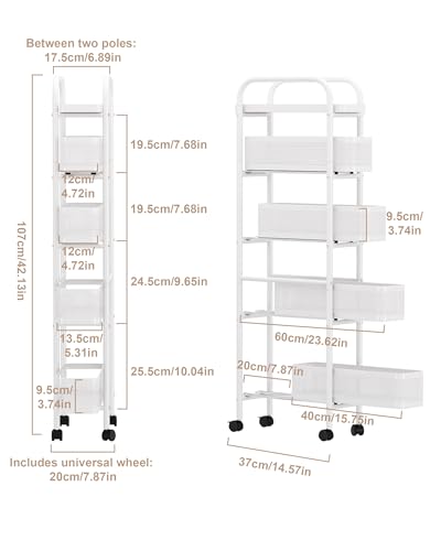 UMDONX 5-Tier Narrow Mobile Storage Cart with Pull-Out Baskets - color: White, size: 5 Tier