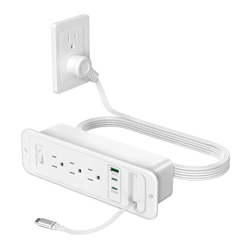 Recessed Power Strip with Retractable USB C Cable,2 PD 20W USB C,Flush Mount Countertop Drawer Outlet, Furniture Hidden Outlet for Side Table,End Table,3 Outlets (White, 6FT-20W USB) - color: White, size: 6FT-20W USB
