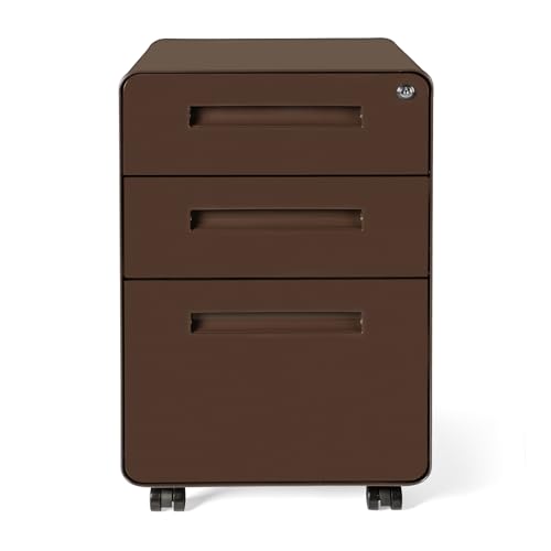 Laura Davidson Furniture Stockpile 3 Drawer File Cabinet with Lock - Under Office Desk Metal Filing Cabinet, Legal/Letter File Folders, Wheels and Stationary Feet, Pre-Assembled, Dark Brown - color: Dark Brown