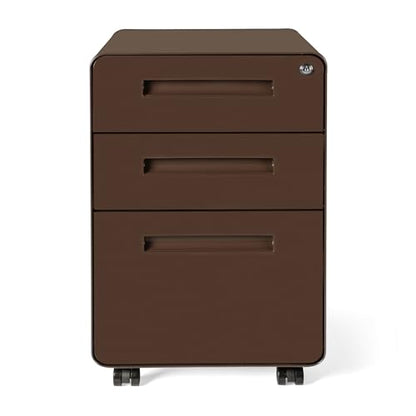 Laura Davidson Furniture Stockpile 3 Drawer File Cabinet with Lock - Under Office Desk Metal Filing Cabinet, Legal/Letter File Folders, Wheels and Stationary Feet, Pre-Assembled, Dark Brown - color: Dark Brown