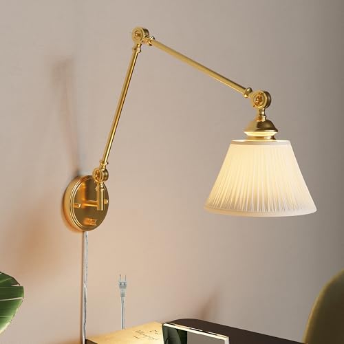 Gold Plug in Wall Sconce, Swing Arm Wall Light with 6.6FT Plug in Cord, Two Adjustable Arms, Fabric Shade, E26 Base, Hardwired Wall Lamp for Bedroom, Reading, Living Room, Hallway (1 Pack) - color: Gold, size: 1 pack