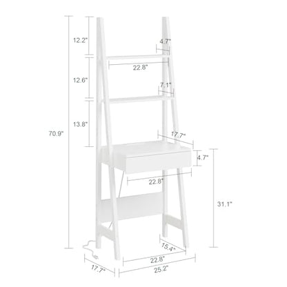 Haotian Ladder Desk with Power Outlet | Narrow Bookshelf Desk with Drawer and Shelves, Compact Secretary Desk for Small Spaces, Bedroom, Home, Office - size: Ladder Desk with Power Outlet