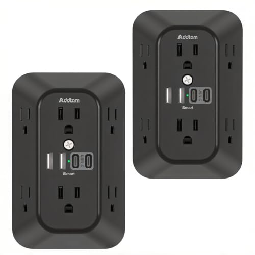 Addtam 6-Outlet Extender Surge Protector, Multi Plug Wall Outlet with 4 USB Wall Charger(2 USB C Ports), Plug Extension Outlet with 1800J, Outlet Splitter Power Strip for Home Office, 2 Pack, Black - color: Black 2PCS, size: No PD