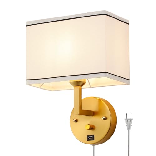 9.5" Wall Sconce with Plug-in Cord, USB Charging Port & Dimmer Switch, White Fabric Rectangular Shade Wall Mounted Lamp for Bedroom, Living Room, Hallway (Gold Finish) - color: Gold