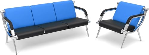 wonline 4 Seat Waiting Room Chair with Armrest PU Leather Office Furniture, Office Guest Seating Lobby Conference Reception Chairs for Airport Clinic Hospital Bank Salon Barber(Blue&Black) - color: Blue & Black, size: 4 Seat