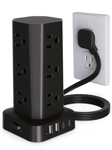 Power Strip Tower Surge Protector, 6FT Flat Plug Extension Cord with Multiple Outlets, 12 AC Outlets 4 USB (2 USB C), Desktop Charging Station with Surge Protection for Home Office Dorm Room, Black - color: Black, size: 6 Ft