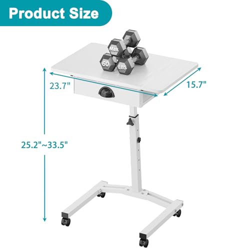 Rolling Adjustable Height Computer Desk With Drawers, Small Mobile Laptop Desk Cart On Wheels For Small Spaces Home Office, Portable Sitting Laptop Table For Bed Couch Load Up To 60LBS, Sturdy, White - color: White