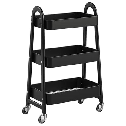 OLIXIS Metal 3 Tiers Rolling Storage Utility Cart with Lockable Wheels - color: Black, size: 3-Tiered 17 inches
