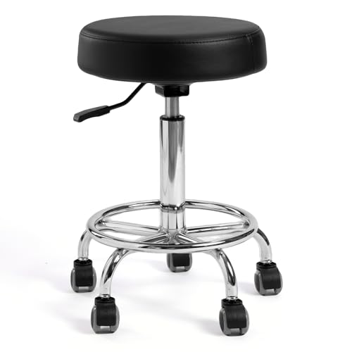 Adjustable Rolling Stool with Wheels & Footrest, 485lb Capacity Drafting Stool Chair, Swivel Salon Spa Tattoo Medical Office Chair, Black - color: Black