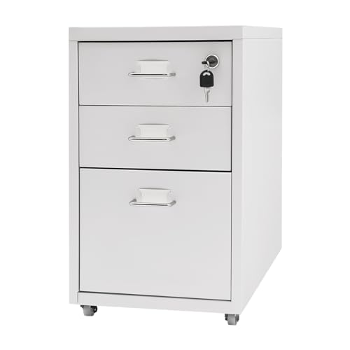 3-Drawer Vertical File Cabinet - Metal Mobile File Cabinet with Lock and Wheels - Under Desk Metal Filing Cabinet for Legal/Letter/A4 File - Fully Assembled - Home/Office Storage Cabinet (White) - color: White