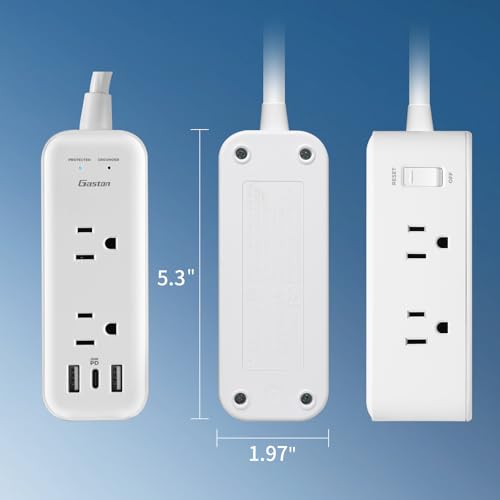 Gaston Surge Protector Power Strip - 10 Ft Plug Extension Cord, 4 Widely Outlets, 3 USB Ports(1 USB C), 2 Side Outlet Extender for Home Office, White, ETL