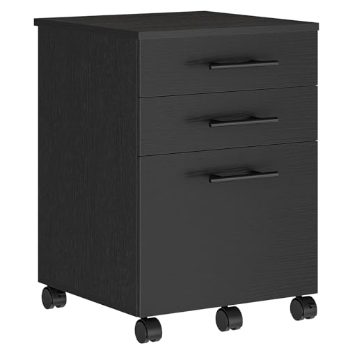 HOOBRO 3-Drawer File Cabinet, Wooden Under Desk Filing Cabinet, fits A4/Letter Size for Home Office, Small Rolling Storage Drawer Chest, Printer Stand with Drawers, Black BK02WJ01G1 - color: Black