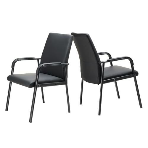 2 Pack Leather Guest Office Desk Chair No Wheels 600 lbs Capacity | Modern High Back Black Reception Guest Conference Room Waiting Room Chairs with Padded Armrests for Seniors - size: 2 PACK