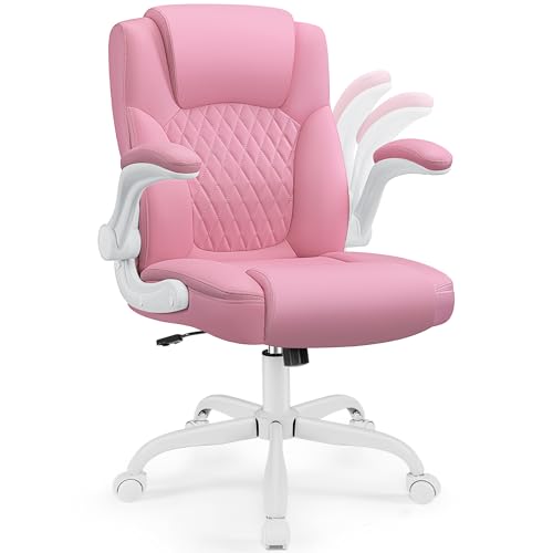 Leather Office Chair, PU Home Computer Desk Chairs with Ergonomic Back Support, 360°Swivel Free，Small Gaming Chair with Wheels and Adjustable Armrests, for Short People Use - color: Pink, size: 1 Pack