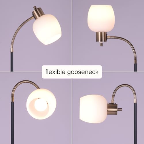 Adjustable Reading Floor Lamp,360°Rotatable Shade,3CCT LED Bulb Include,Black Gooseneck - color: Black Glass Shade