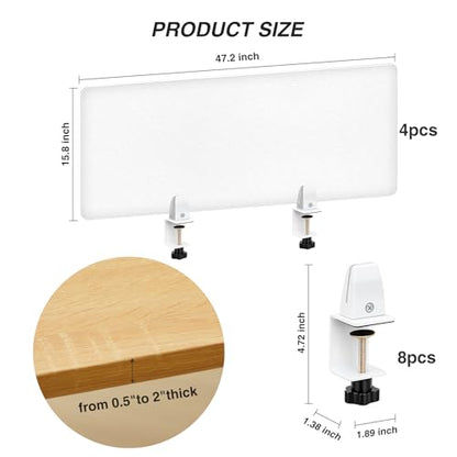Tatuo 4 Pcs 47.2'' L x 15.8'' W Desk Privacy Panel Frosted Acrylic Office Desk Divider Partition with Adjustable Universal Base for Offices Schools Reception Area Call Centers