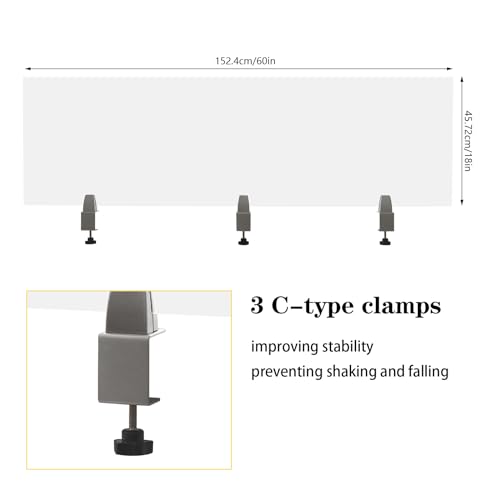 Acrylic Free Standing Screen, 60”W x 18”H Desk Divider Sound Absorbing Cubicle Desk Divider, Desk Privacy Panel and Privacy Shields for Student Desks, 3C-type clamps, on Desk Partition, Frosted