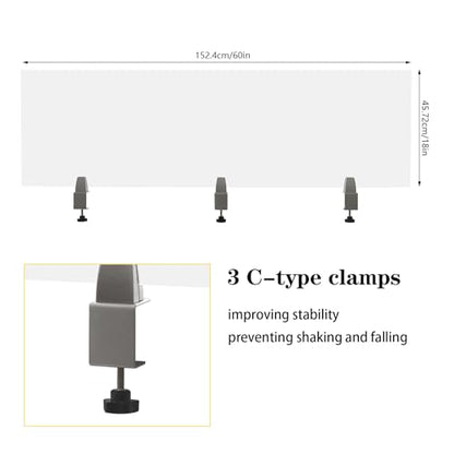 Acrylic Free Standing Screen, 60”W x 18”H Desk Divider Sound Absorbing Cubicle Desk Divider, Desk Privacy Panel and Privacy Shields for Student Desks, 3C-type clamps, on Desk Partition, Frosted
