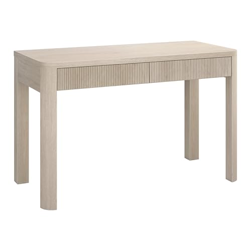 Henn&Hart 48" Fluted Home Office Desk, Computer Desk, Beech White | Modern ribbed desk with two drawers and rounded legs for stylish workspace storage in living rooms, bedrooms, or home offices - color: Beech White