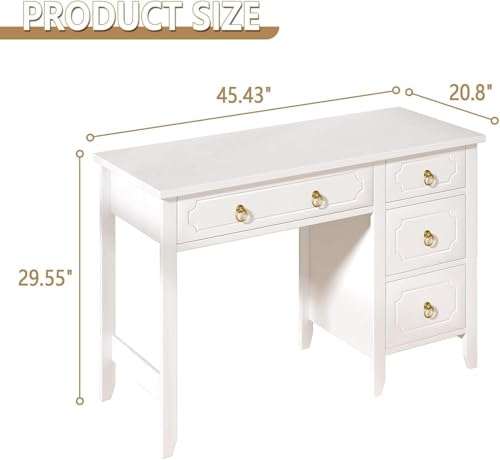 MaverickFurni 45" White Desk with Drawers, Small Desk with Golden Handle | Home Office Desk with Storage for Bedroom, Make Up Vanity Desk with Gold Accents for Girls, White