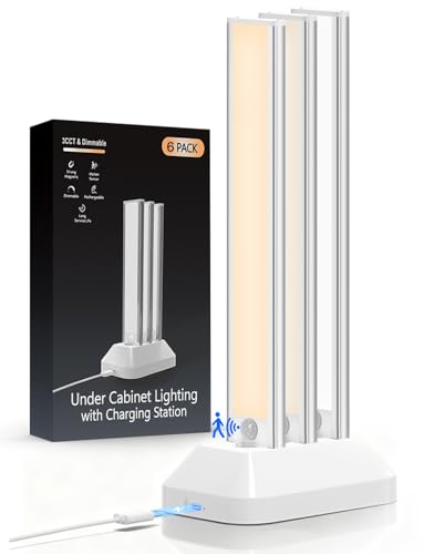 VerRon 6-Pack Under Cabinet Lighting with Charging Station, 12inch | 2000mAh Rechargeable, 3 Color Temps, Dimmable, Magnetic Mount, Wireless Motion Sensor Lights for Kitchen, Closet, Stair - color: 3CCT-6 pack, size: 12 inch