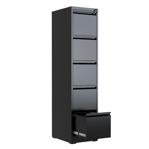 5 Drawer File Cabinet with Lock, 18" D Metal Vertical File Cabinets, Steel File Storage Cabinets for Home Office, Hanging A4 Legal/Letter Size Narrow Filing Cabinet, Assembly Required - color: Black, size: 5 Drawers