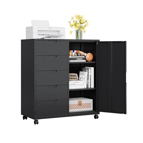 MIIIKO 5 Drawer Storage Cabinet with Door and Shelf, Mobile Lateral Cabinet on Wheels, Office Small Organizer Printer Stand, Black File Cabinets - color: Black, size: 5 Drawer-31.5"W -Mobile
