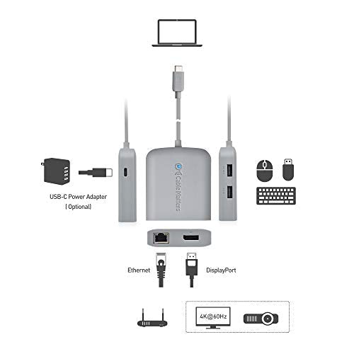 Cable Matters USB C Hub DisplayPort, 4K@60Hz, 60W Host Charging, Gray | 100Mbps Ethernet, 2x USB, Compatible with Thunderbolt 4/Thunderbolt 3 Ports, MacBook Pro - color: Gray