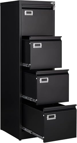 4 Drawer File Cabinet,Black Metal Filing Cabinets with Lock,Metal Vertical Filing Cabinets for Home Office,Steel Storage Cabinet fits Letter/Legal/A4 Size(Assembly Required) - color: Black, size: 52.5"H x 15"W x 17.7"D