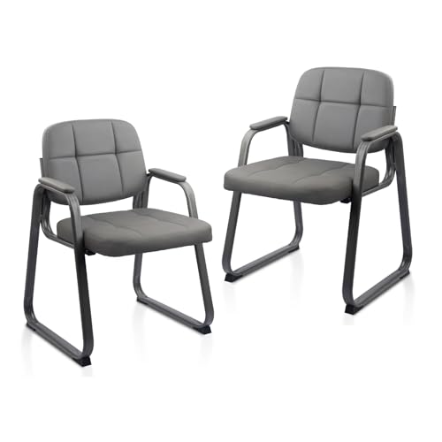 CLATINA Waiting Room Chairs No Wheels Set of 2, Stationary Leather Office Reception Guest Chair with Padded Arms and Sled Base for Elderly Desk Conference Room Lobby Table Side Salon, Grey - color: Grey-sled Base, size: 2 Pack
